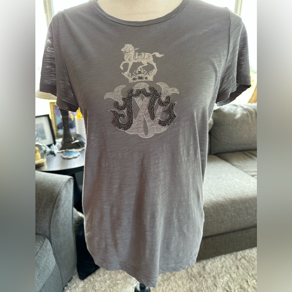 J.Crew Beaded Crest Graphic Tee Shirt Gray Small Muted Slub Knit EUC